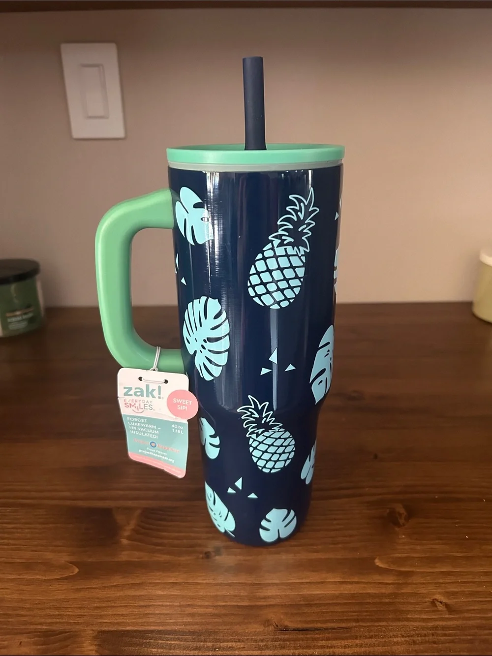 Zak! Tropical Pineapple Navy & Mint Travel Tumbler with Handle